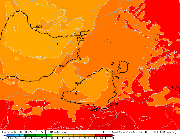 Theta-W 850hPa UK-Global Cu 24.05.2024 09 UTC