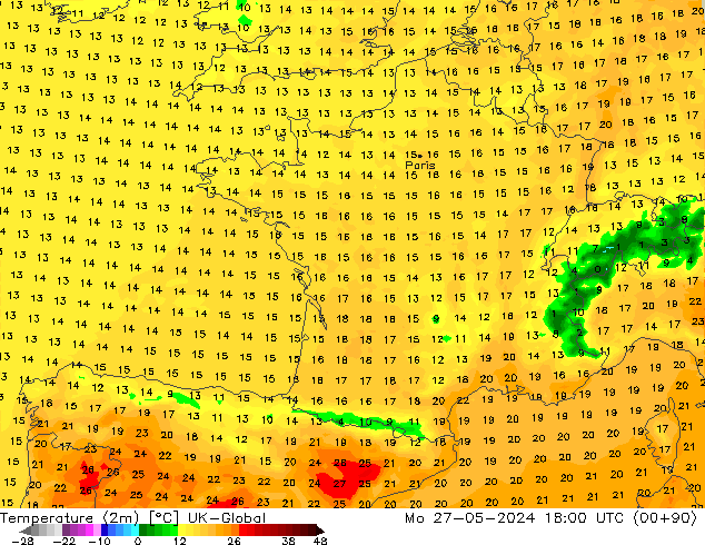 Temperature (2m) UK-Global Po 27.05.2024 18 UTC