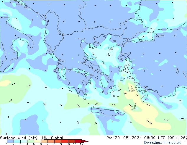 Vent 10 m (bft) UK-Global mer 29.05.2024 06 UTC