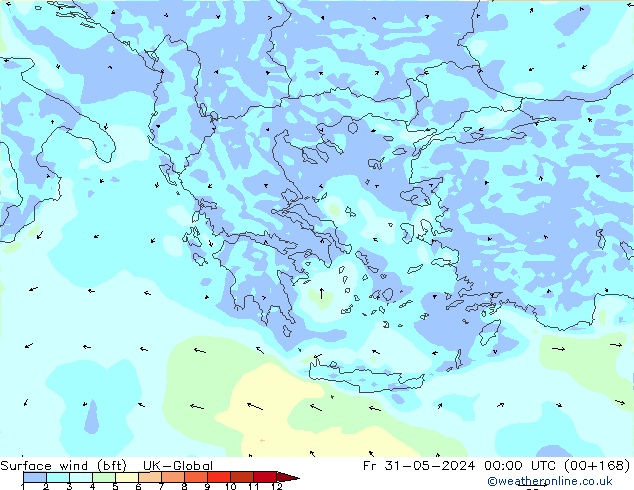 Rüzgar 10 m (bft) UK-Global Cu 31.05.2024 00 UTC