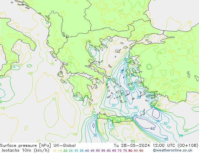 Isotachs (kph) UK-Global mar 28.05.2024 12 UTC
