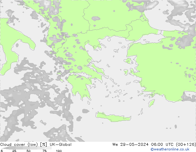 Bewolking (Laag) UK-Global wo 29.05.2024 06 UTC