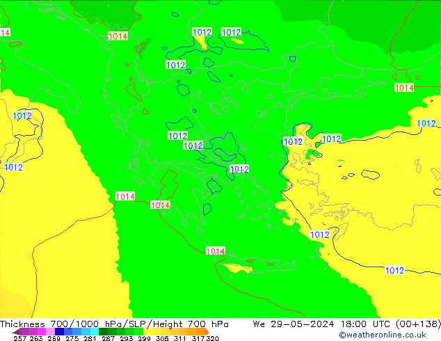 Espesor 700-1000 hPa UK-Global mié 29.05.2024 18 UTC