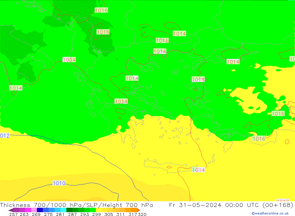 Schichtdicke 700-1000 hPa UK-Global Fr 31.05.2024 00 UTC