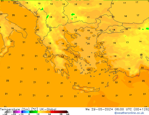 Temperaturkarte (2m) UK-Global Mi 29.05.2024 06 UTC