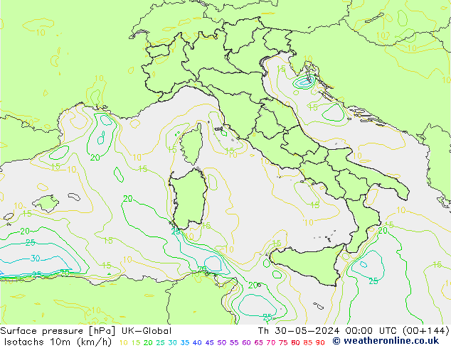 Izotacha (km/godz) UK-Global czw. 30.05.2024 00 UTC