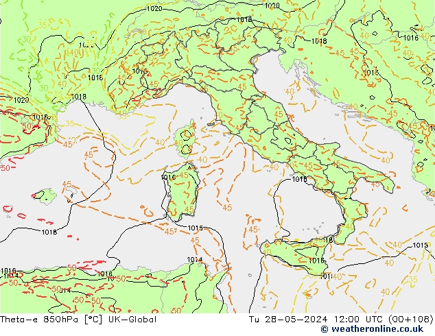 Theta-e 850hPa UK-Global Út 28.05.2024 12 UTC