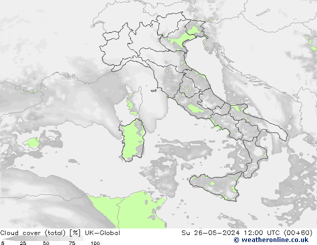 Cloud cover (total) UK-Global Su 26.05.2024 12 UTC