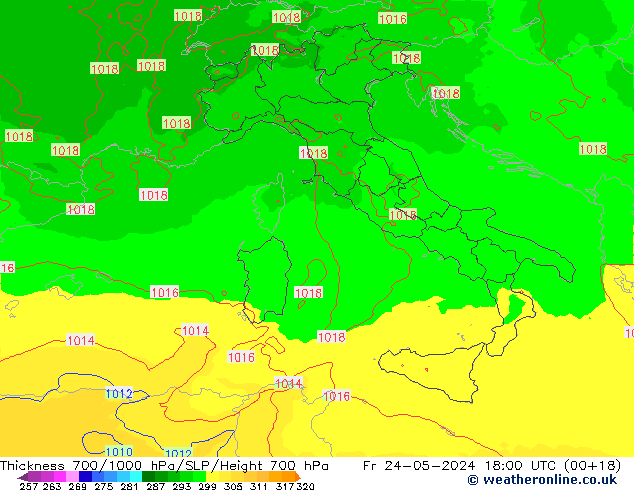 Thck 700-1000 гПа UK-Global пт 24.05.2024 18 UTC