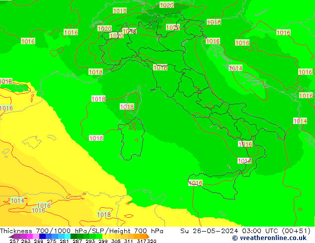 Dikte700-1000 hPa UK-Global zo 26.05.2024 03 UTC