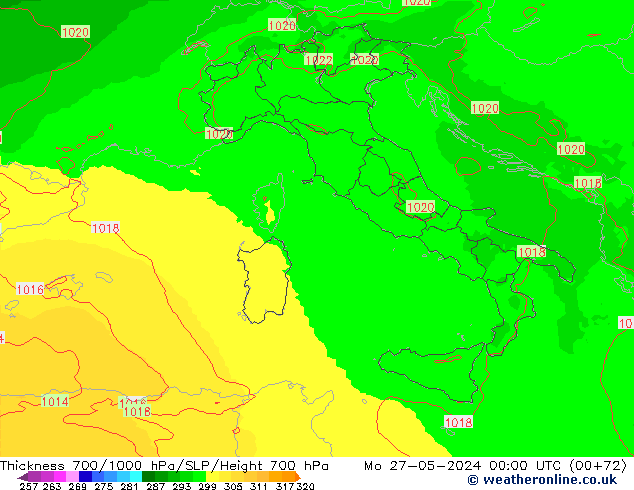 Espesor 700-1000 hPa UK-Global lun 27.05.2024 00 UTC