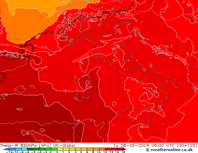Theta-W 850hPa UK-Global Út 28.05.2024 06 UTC