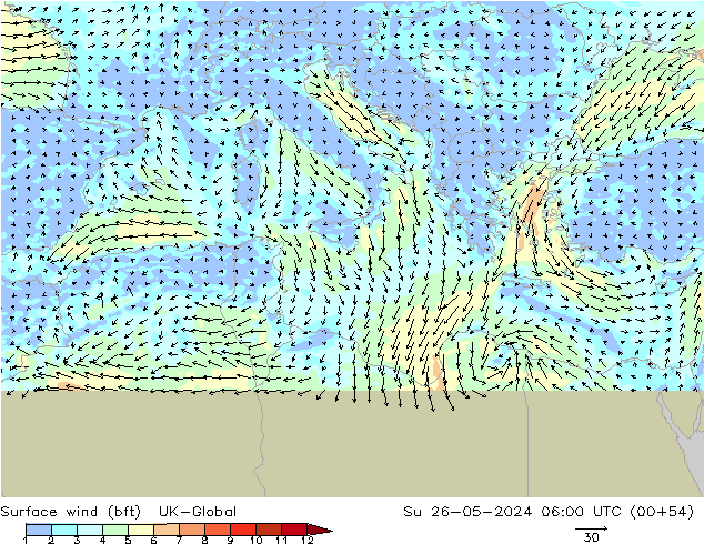 Vento 10 m (bft) UK-Global dom 26.05.2024 06 UTC