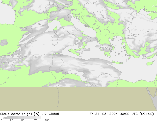 Cloud cover (high) UK-Global Fr 24.05.2024 09 UTC