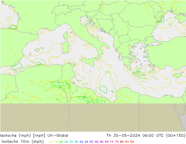 Isotachs (mph) UK-Global чт 30.05.2024 06 UTC