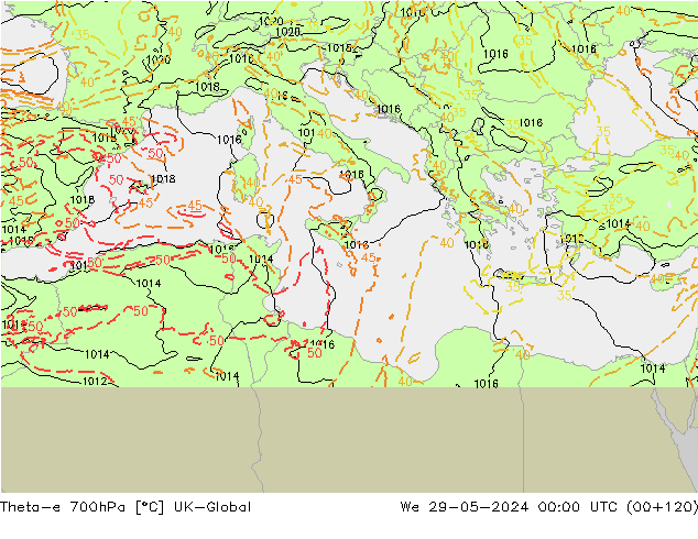 Theta-e 700hPa UK-Global śro. 29.05.2024 00 UTC