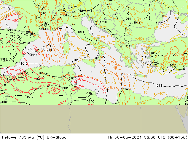 Theta-e 700hPa UK-Global jue 30.05.2024 06 UTC
