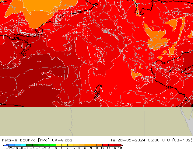 Theta-W 850hPa UK-Global Tu 28.05.2024 06 UTC