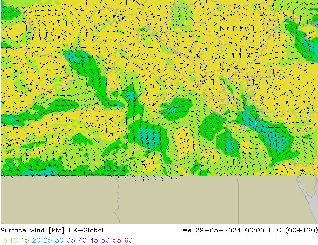 Vento 10 m UK-Global mer 29.05.2024 00 UTC
