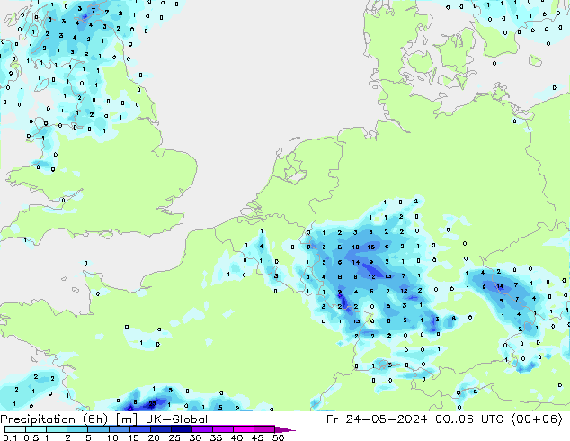 Precipitation (6h) UK-Global Fr 24.05.2024 06 UTC