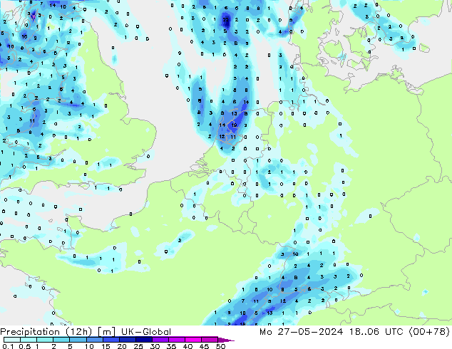 Precipitation (12h) UK-Global Mo 27.05.2024 06 UTC