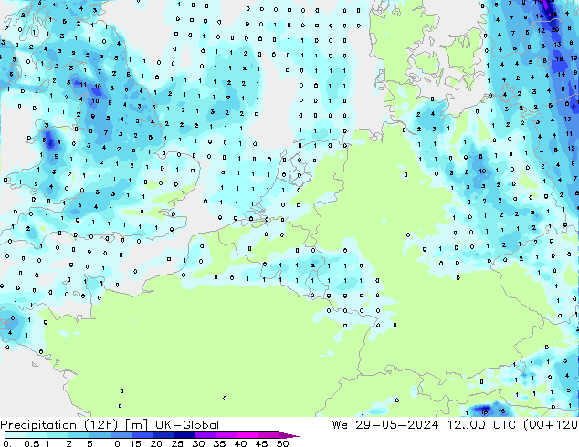 Yağış (12h) UK-Global Çar 29.05.2024 00 UTC