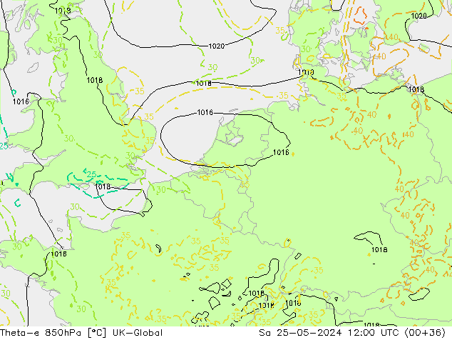 Theta-e 850hPa UK-Global Sáb 25.05.2024 12 UTC