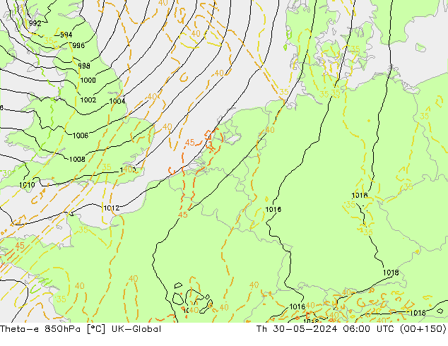 Theta-e 850hPa UK-Global Do 30.05.2024 06 UTC