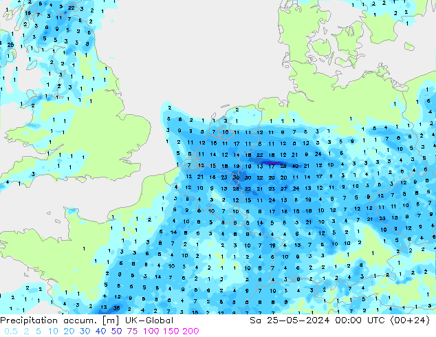 Precipitation accum. UK-Global Sa 25.05.2024 00 UTC