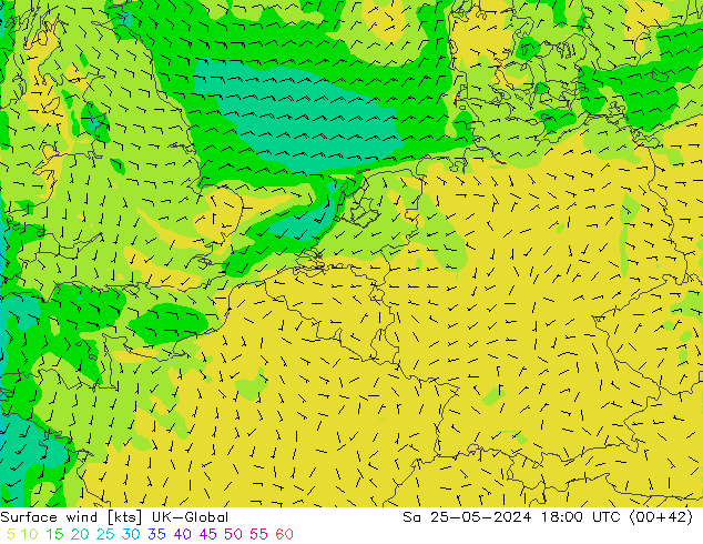 wiatr 10 m UK-Global so. 25.05.2024 18 UTC