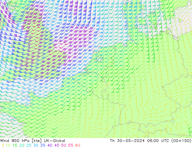 Wind 850 hPa UK-Global Th 30.05.2024 06 UTC