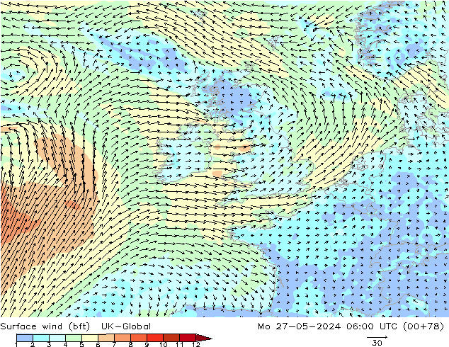 Surface wind (bft) UK-Global Po 27.05.2024 06 UTC