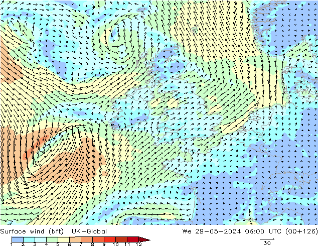 Surface wind (bft) UK-Global We 29.05.2024 06 UTC