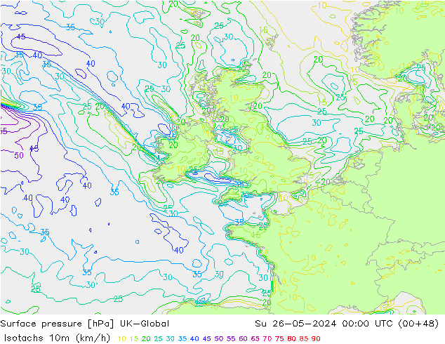 Isotachs (kph) UK-Global Dom 26.05.2024 00 UTC