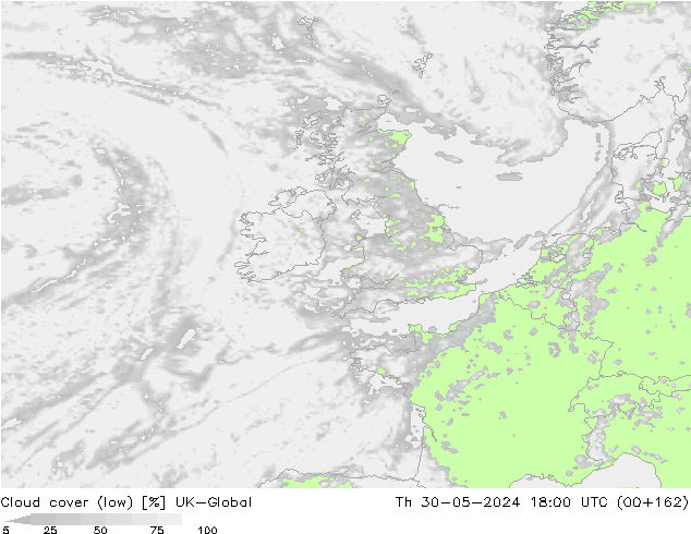 Cloud cover (low) UK-Global Th 30.05.2024 18 UTC