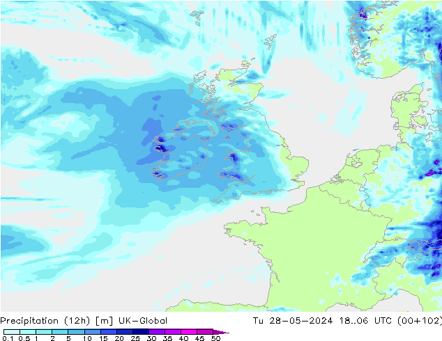 осадки (12h) UK-Global вт 28.05.2024 06 UTC