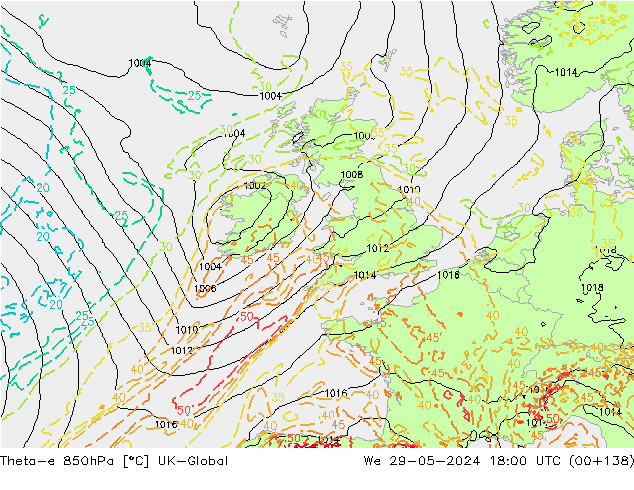 Theta-e 850hPa UK-Global mié 29.05.2024 18 UTC