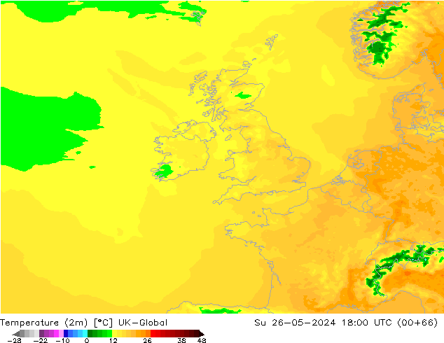 Temperatura (2m) UK-Global Dom 26.05.2024 18 UTC