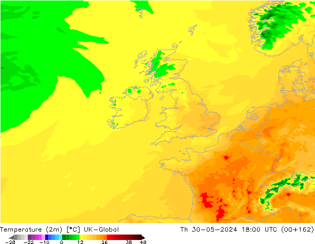 Temperatuurkaart (2m) UK-Global do 30.05.2024 18 UTC