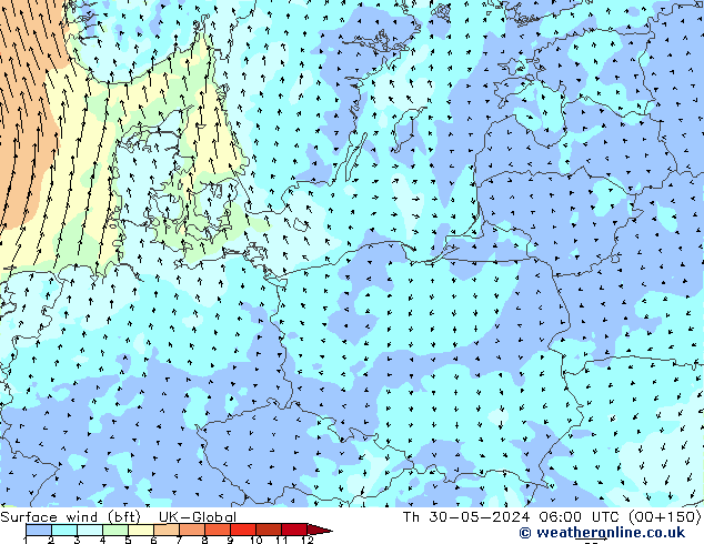 Surface wind (bft) UK-Global Th 30.05.2024 06 UTC