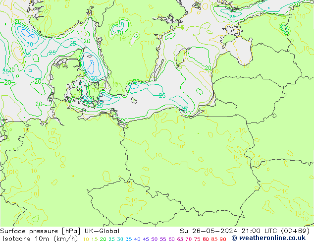 Isotachen (km/h) UK-Global zo 26.05.2024 21 UTC