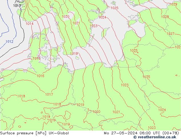 Atmosférický tlak UK-Global Po 27.05.2024 06 UTC