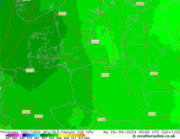 700-1000 hPa Kalınlığı UK-Global Çar 29.05.2024 00 UTC