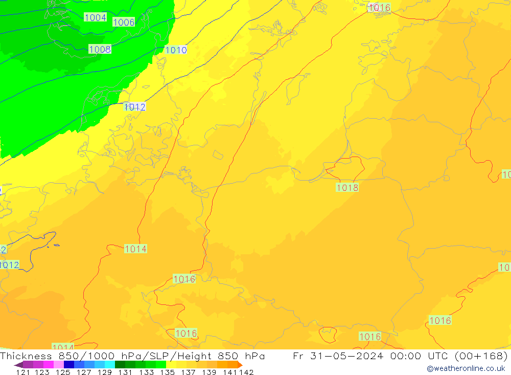 Dikte 850-1000 hPa UK-Global vr 31.05.2024 00 UTC