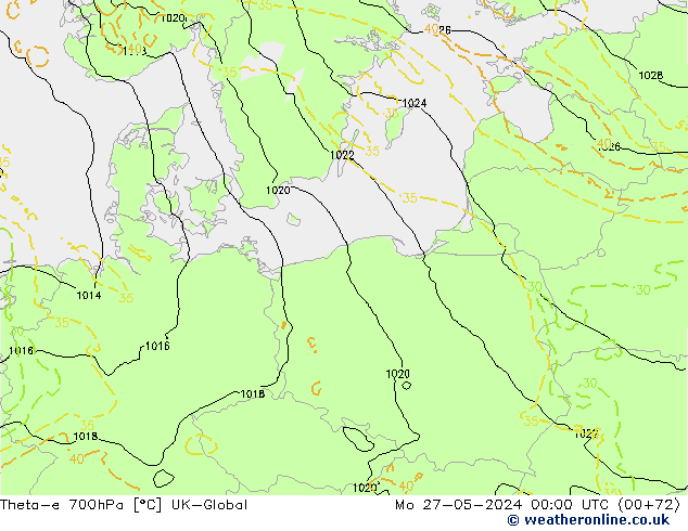 Theta-e 700hPa UK-Global lun 27.05.2024 00 UTC