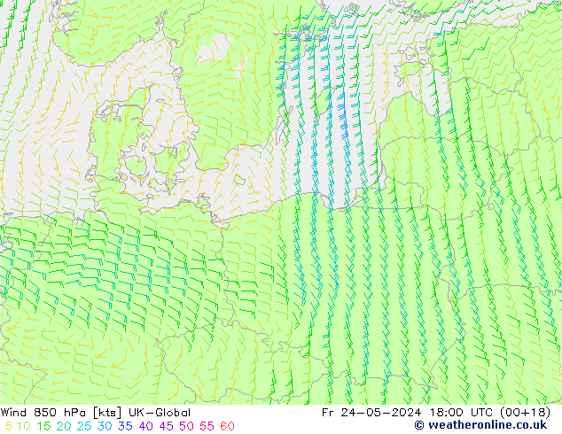 Wind 850 hPa UK-Global Fr 24.05.2024 18 UTC