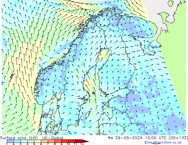 Surface wind (bft) UK-Global We 29.05.2024 12 UTC