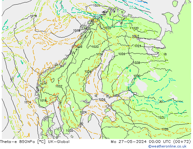 Theta-e 850hPa UK-Global ma 27.05.2024 00 UTC