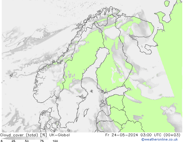 Cloud cover (total) UK-Global Pá 24.05.2024 03 UTC