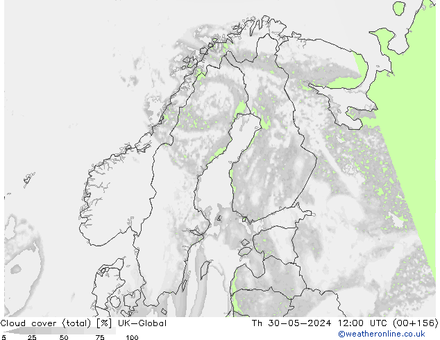 Cloud cover (total) UK-Global Čt 30.05.2024 12 UTC